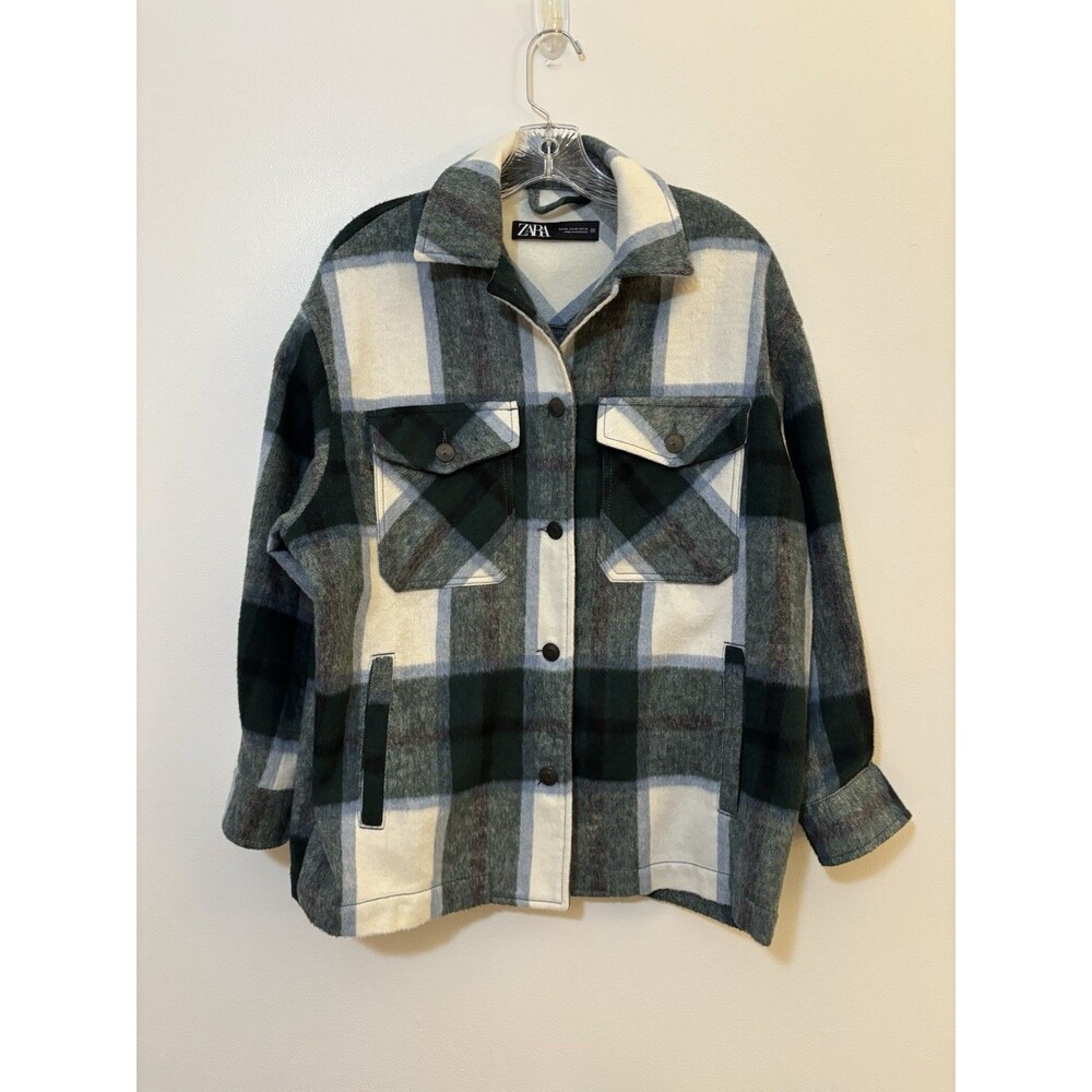 Zara Green and White Wool Blend Plaid Light Weight Shirt Jacket Shacket Size XS